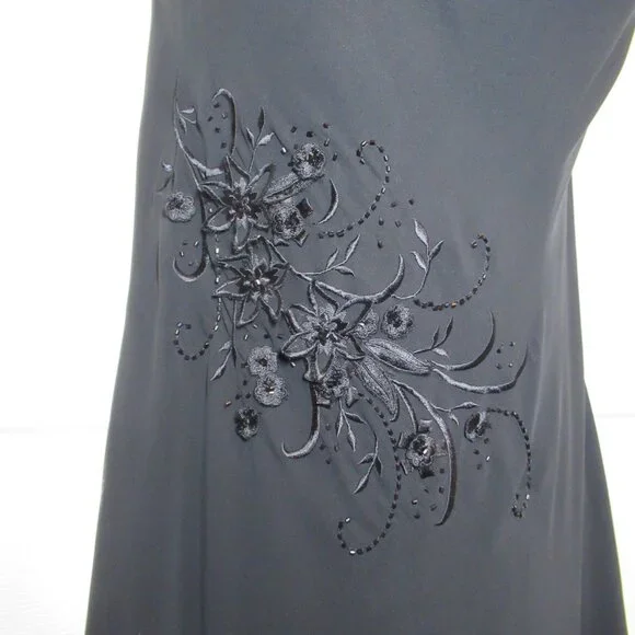 Adrianna Papell Black Chiffon Gown Floral Applique Beads EUC Whimsigoth Cowl - Picture 4 of 16